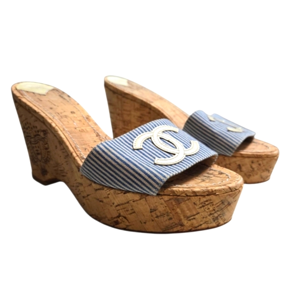 Chanel Classic CC Logo Cork Wedge Sandals Size 37 Authentic Vintage Y2K - Picture 2 of 13